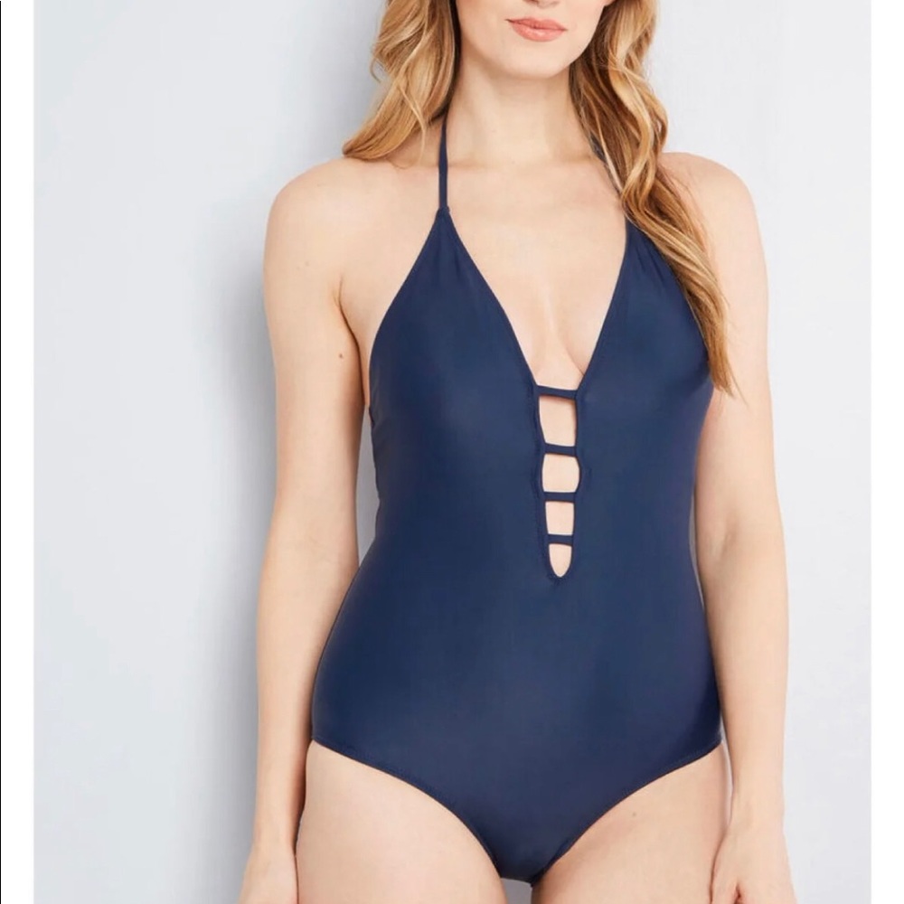Brand New ModCloth Criss Cross Navy One Piece Swimsuit Size Small